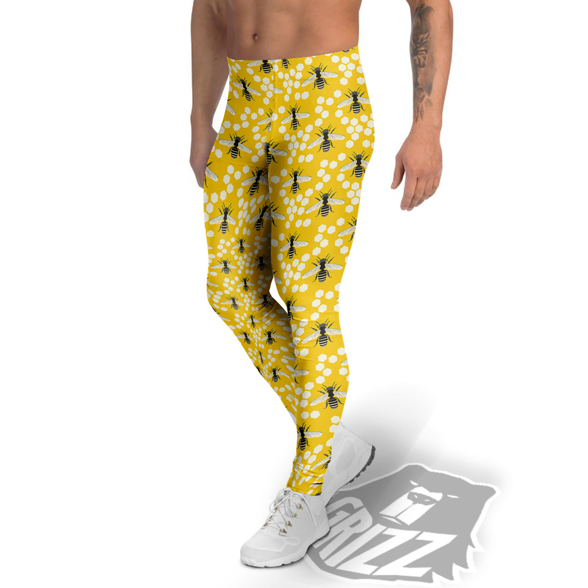 Honeycomb Bee Print Pattern Men's Leggings-grizzshop
