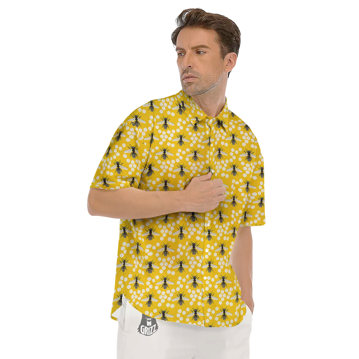 Honeycomb Bee Print Pattern Men's Short Sleeve Shirts-grizzshop