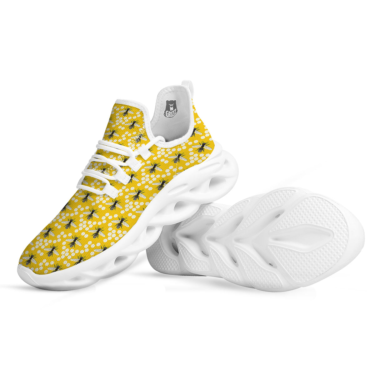 Honeycomb Bee Print Pattern White Running Shoes-grizzshop