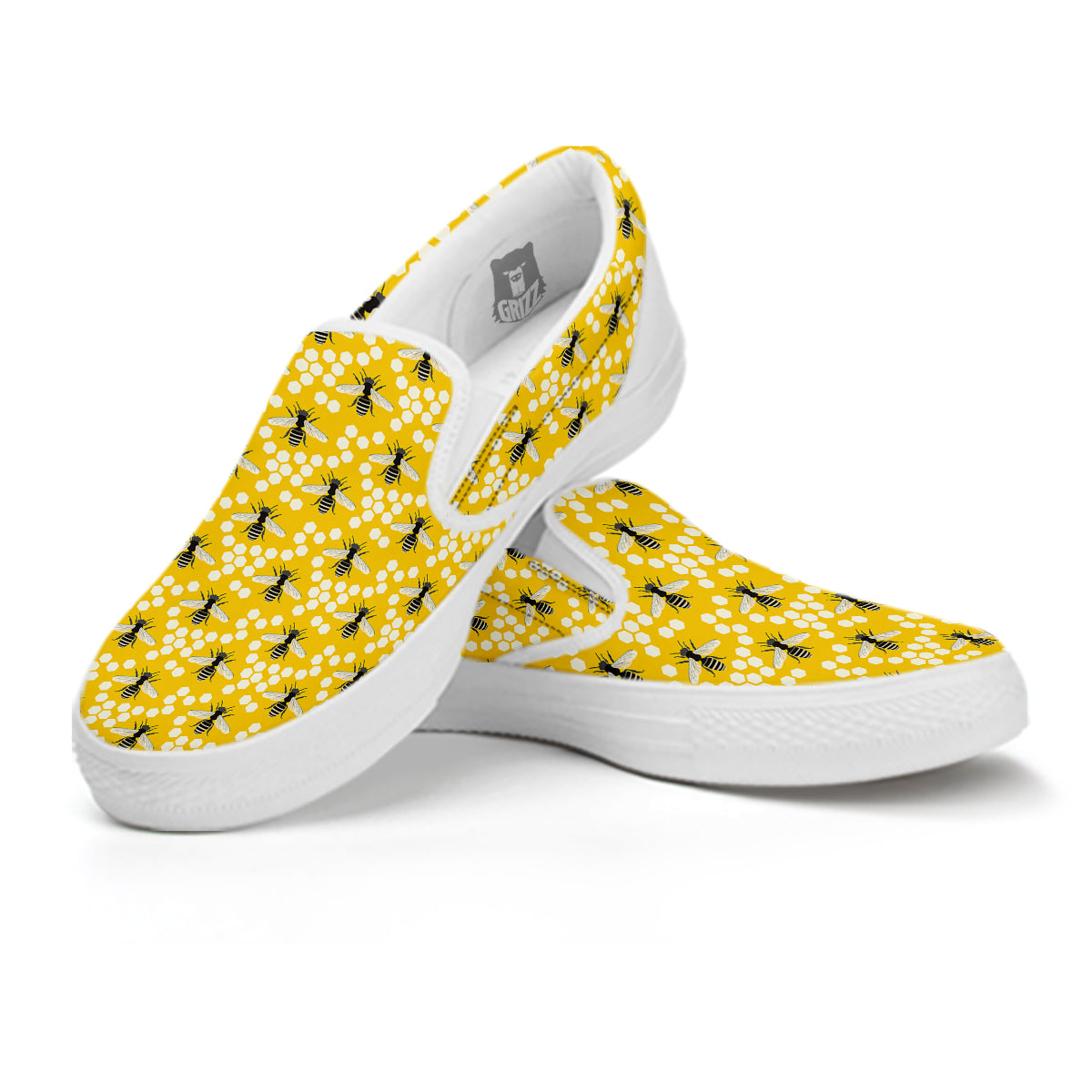 Honeycomb Bee Print Pattern White Slip On Shoes-grizzshop