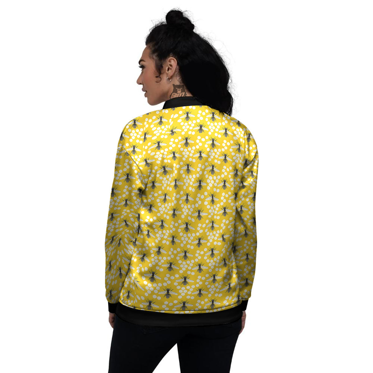 Honeycomb Bee Print Pattern Women's Bomber Jacket-grizzshop