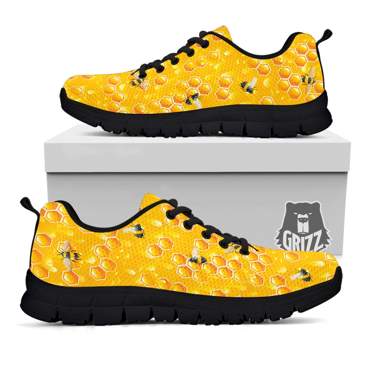 Honeycomb Sweet Honey Print Pattern Black Sneaker-grizzshop