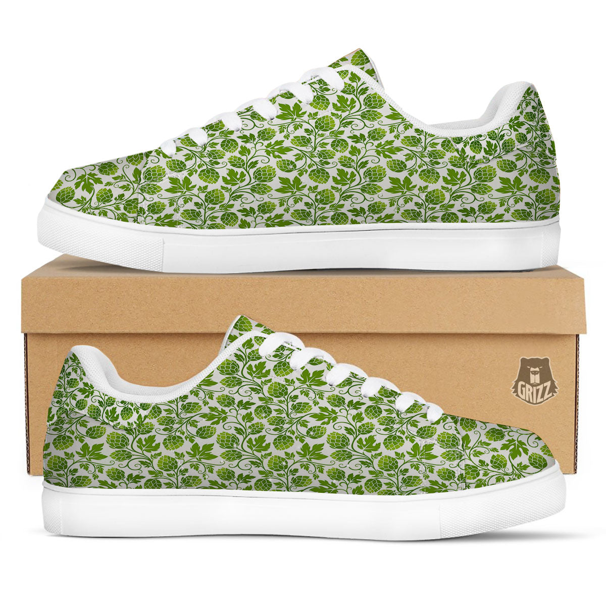 Hop Cone Cartoon Print Pattern White Low Top Sneakers-grizzshop
