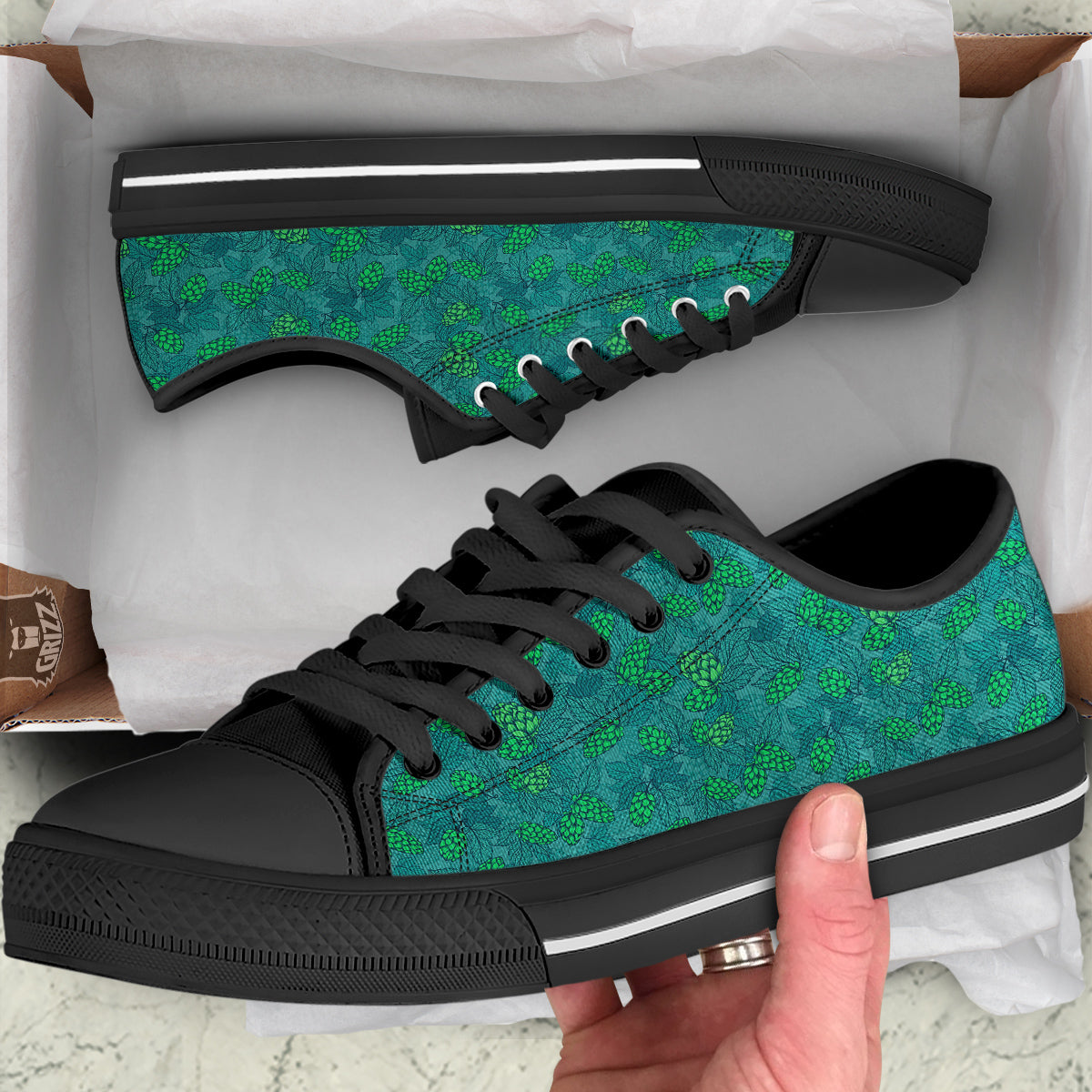 Hop Cone Cute Print Pattern Black Low Top Shoes-grizzshop
