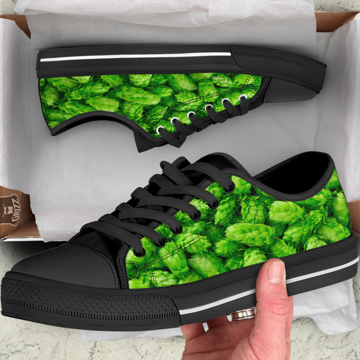 Hop Cone Fresh Print Black Low Top Shoes-grizzshop