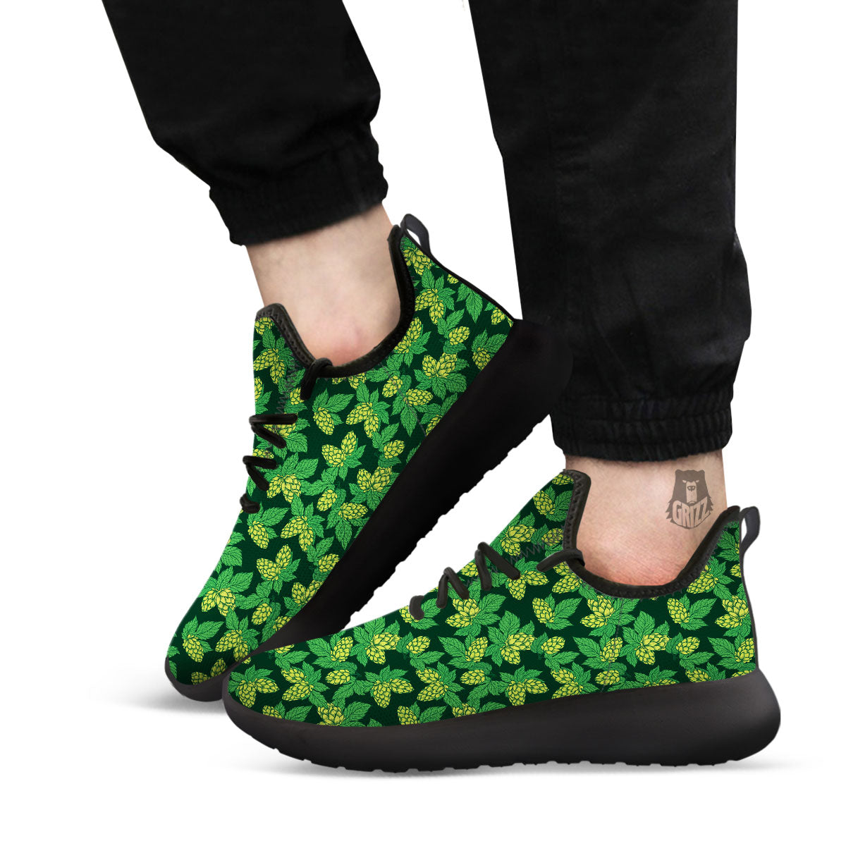 Hop Cone Green Print Pattern Black Athletic Shoes-grizzshop