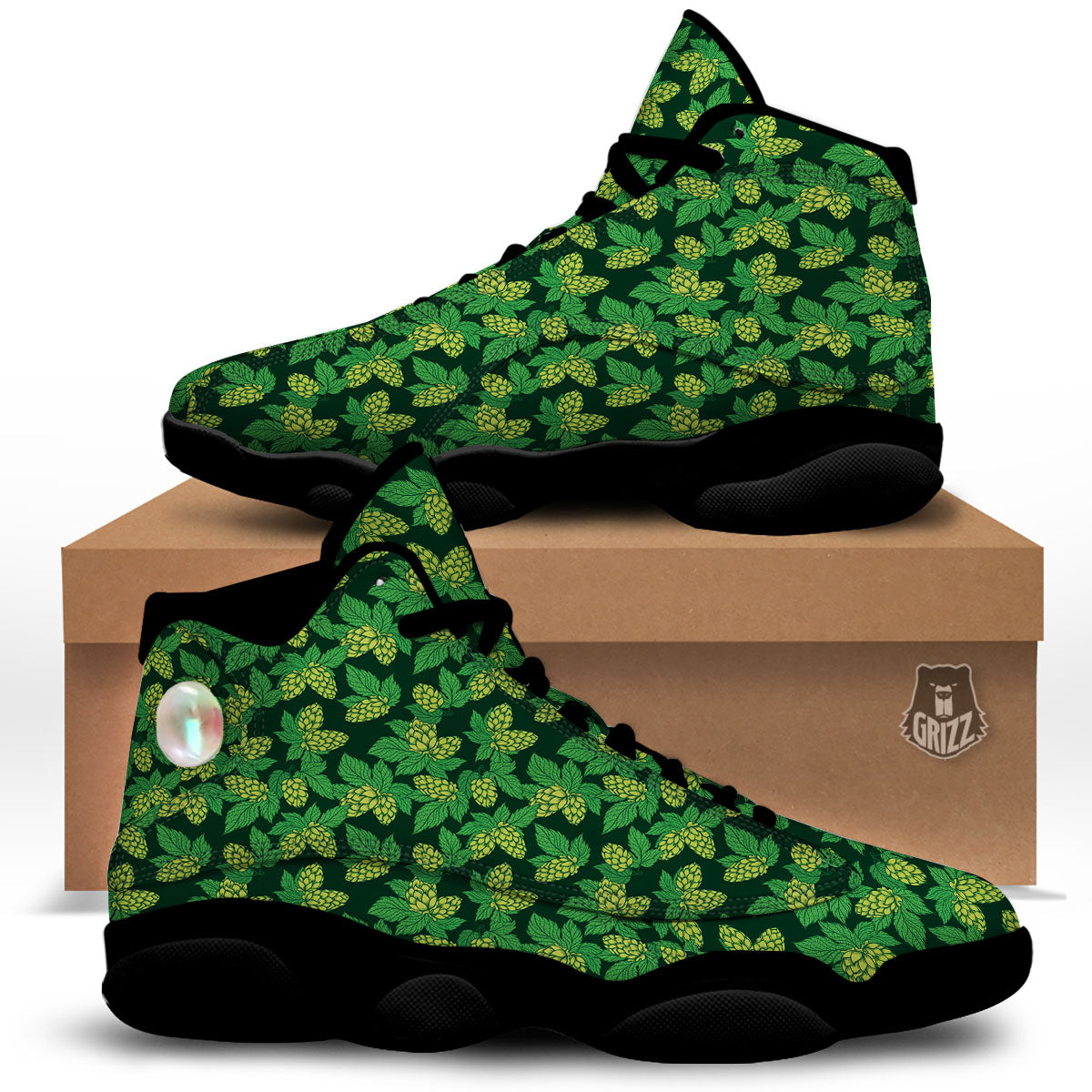 Hop Cone Green Print Pattern Black Basketball Shoes-grizzshop