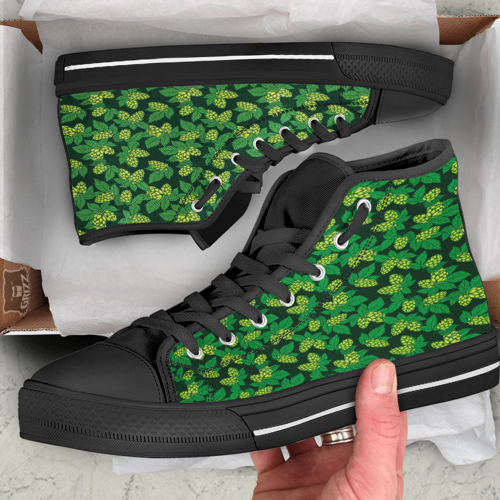 Hop Cone Green Print Pattern Black High Top Shoes-grizzshop