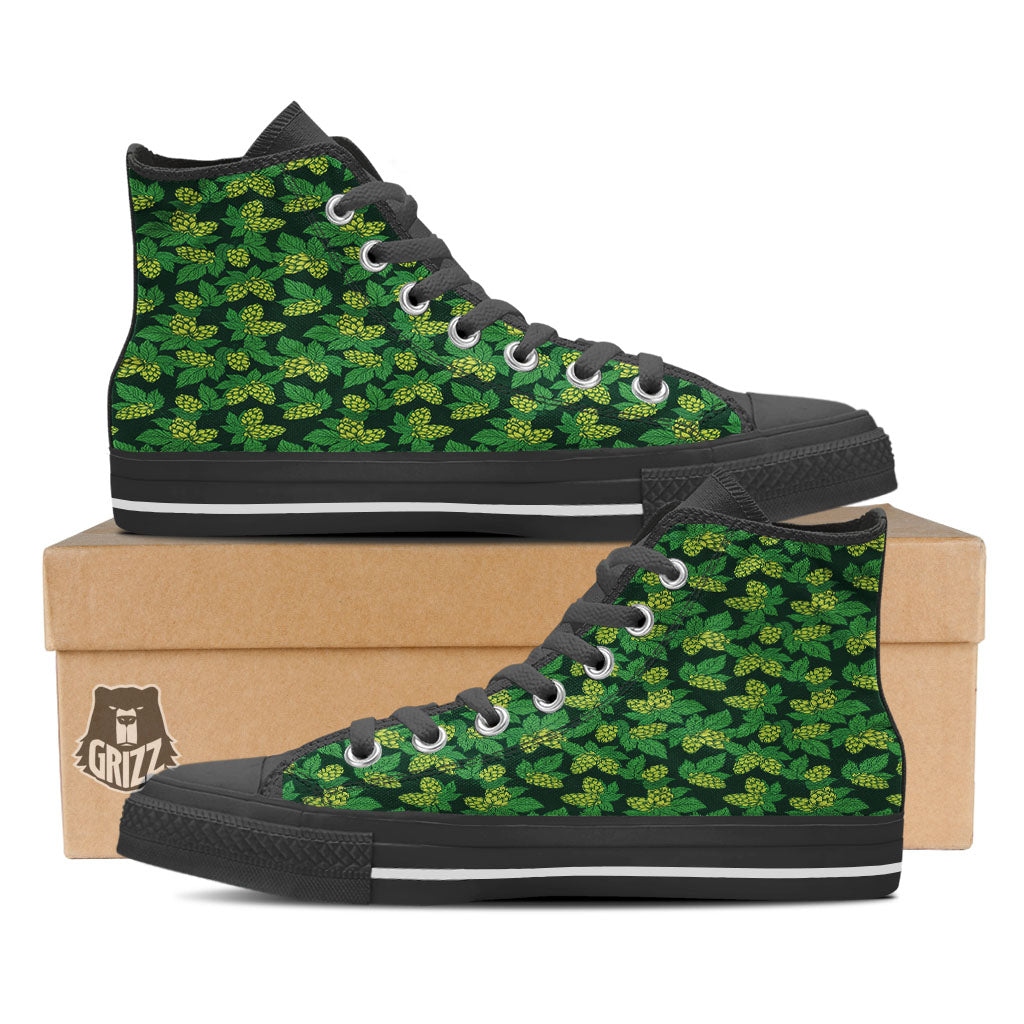 Hop Cone Green Print Pattern Black High Top Shoes-grizzshop
