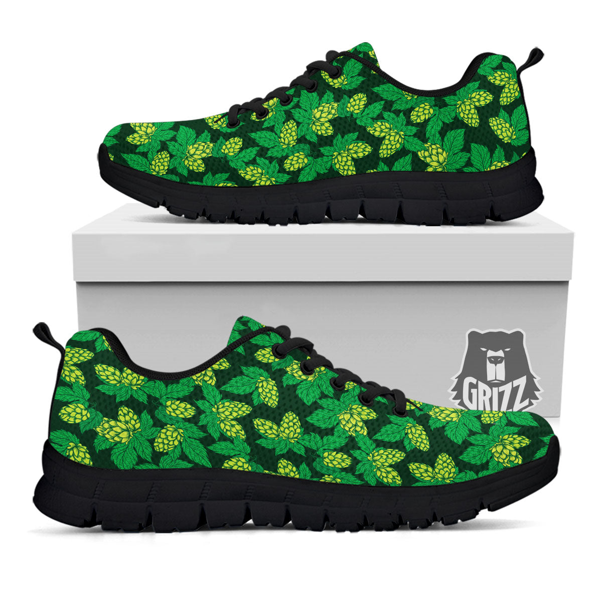 Hop Cone Green Print Pattern Black Sneaker-grizzshop