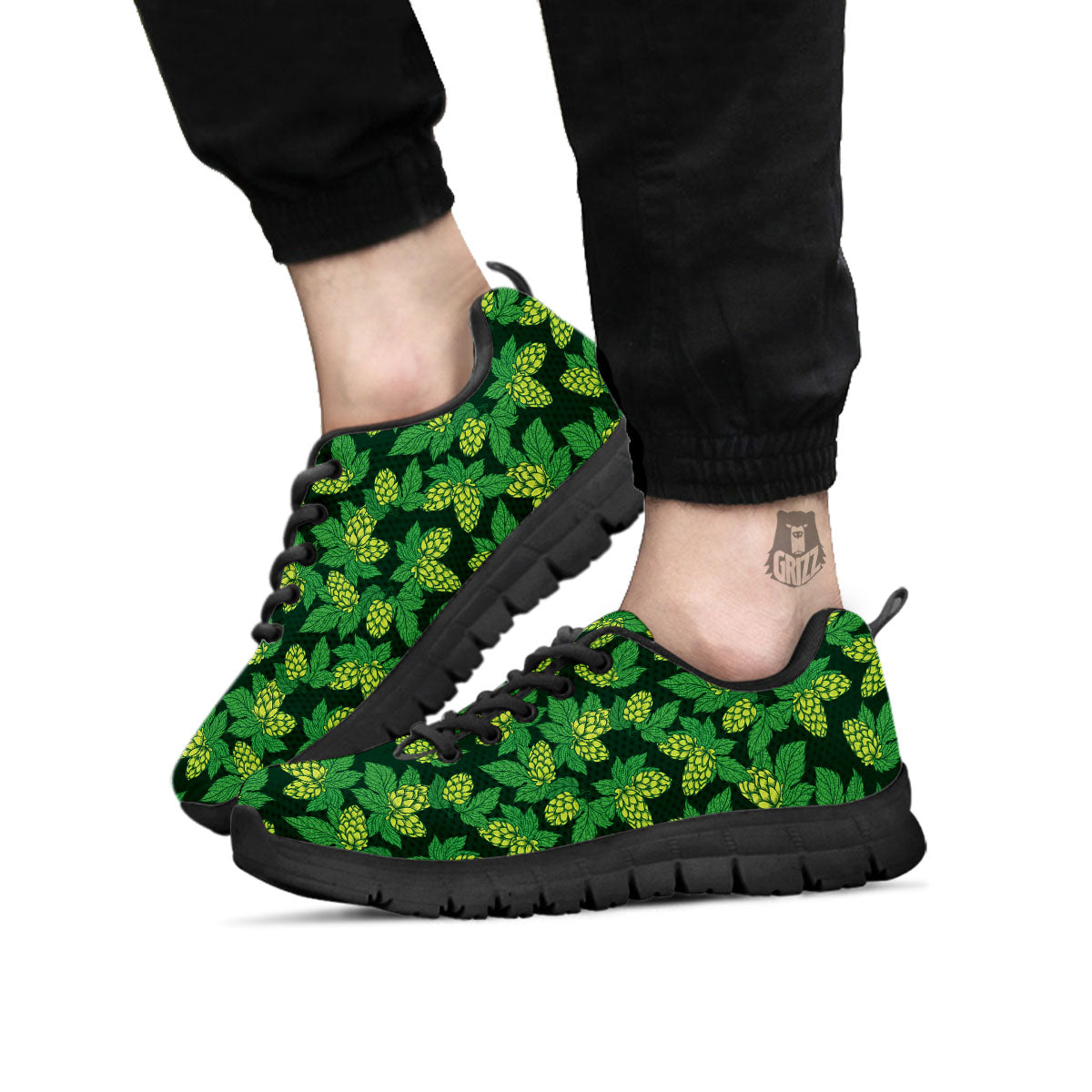 Hop Cone Green Print Pattern Black Sneaker-grizzshop