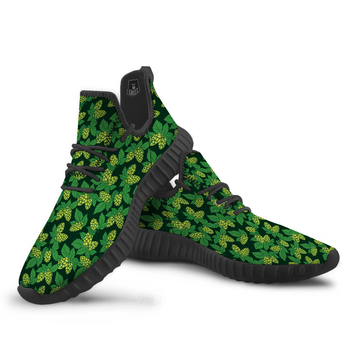 Hop Cone Green Print Pattern Black Walking Shoes-grizzshop