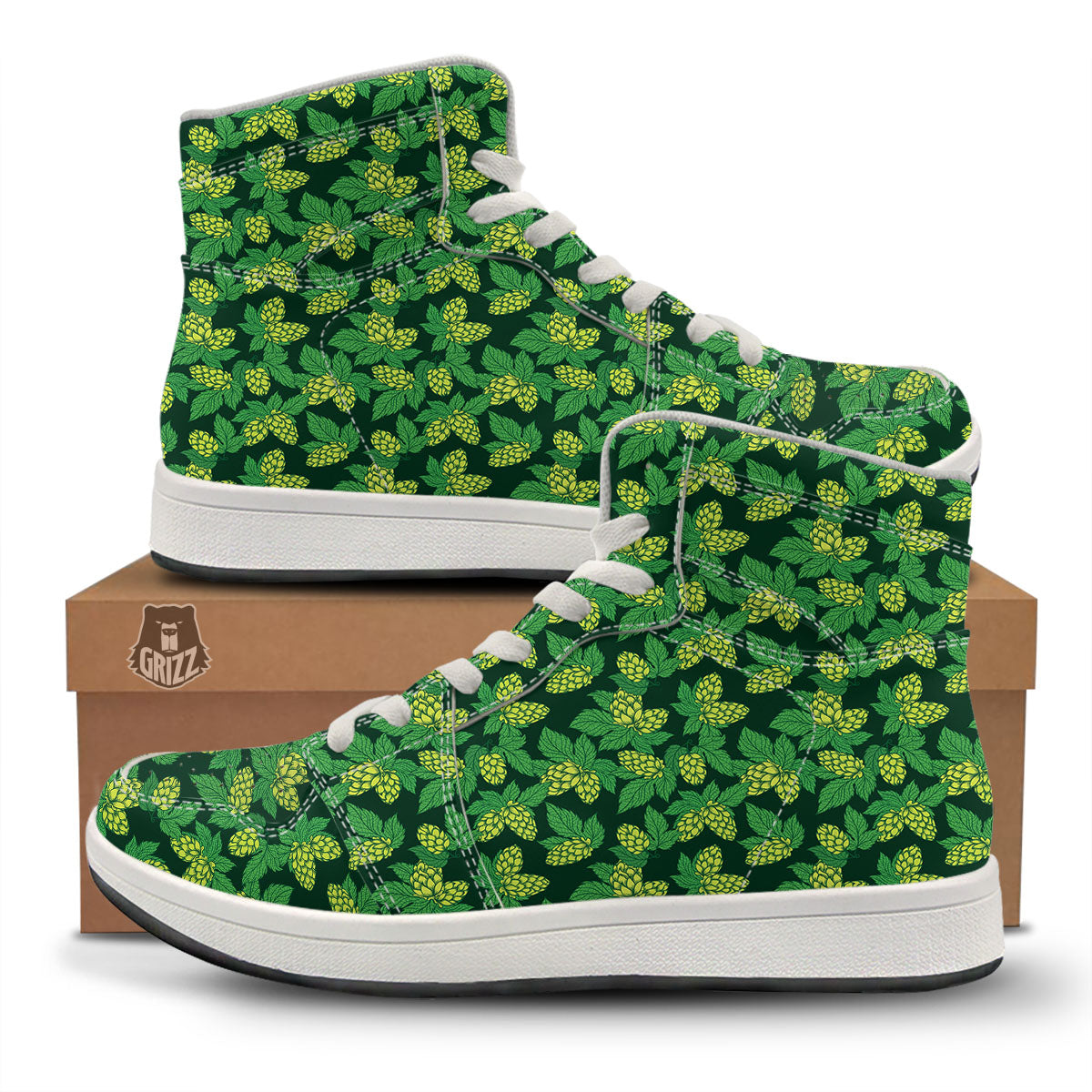 Hop Cone Green Print Pattern High Top Sneakers-grizzshop