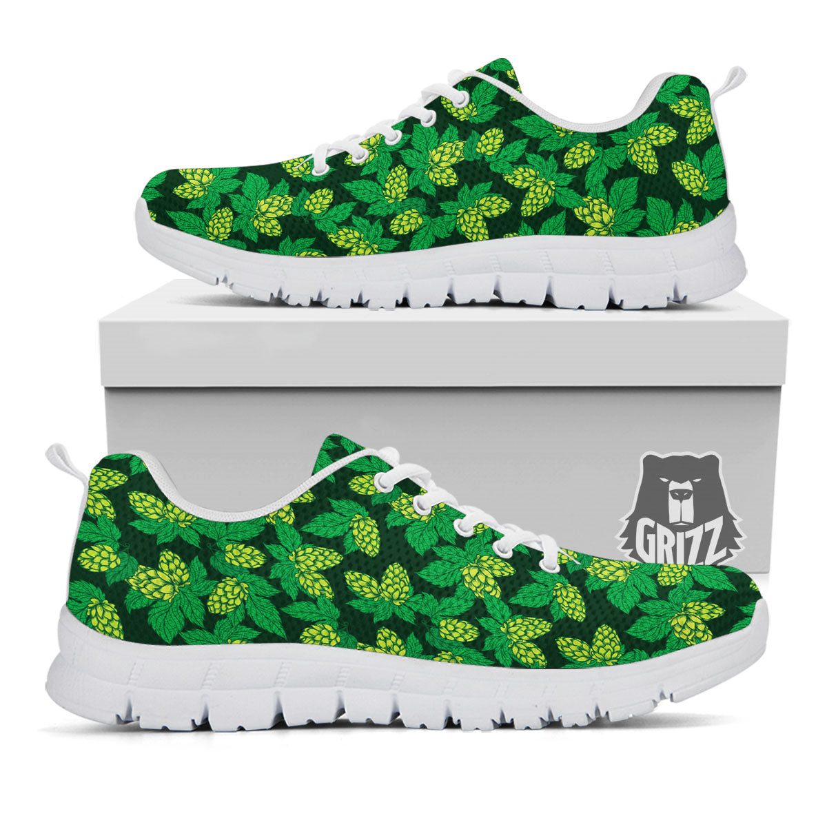 Hop Cone Green Print Pattern White Sneaker-grizzshop