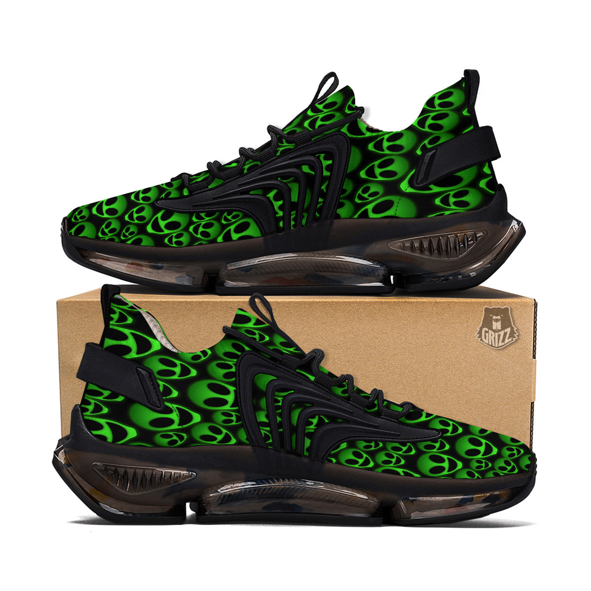 Horror Alien Green Neon Print Pattern Black Gym Shoes-grizzshop