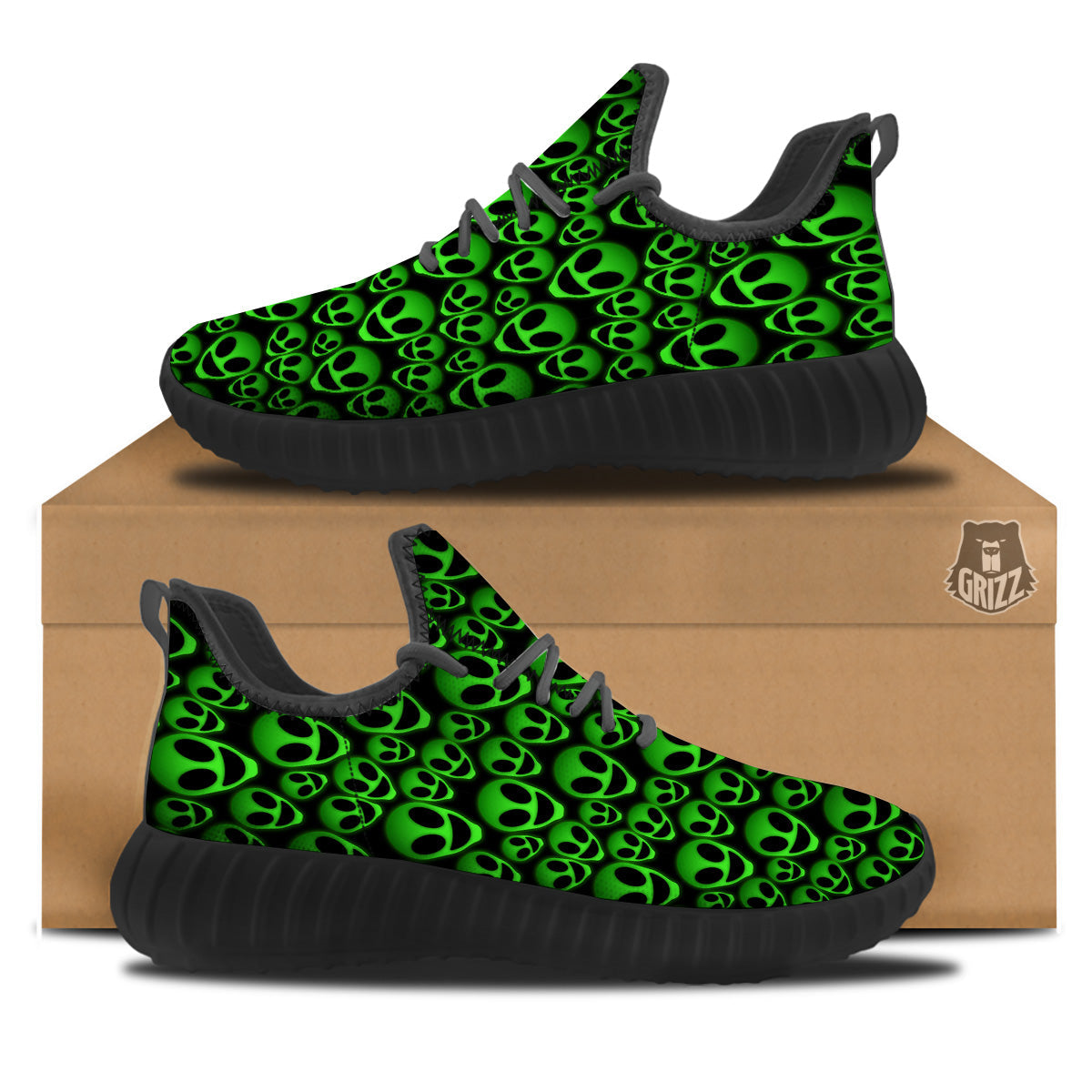 Horror Alien Green Neon Print Pattern Black Walking Shoes-grizzshop
