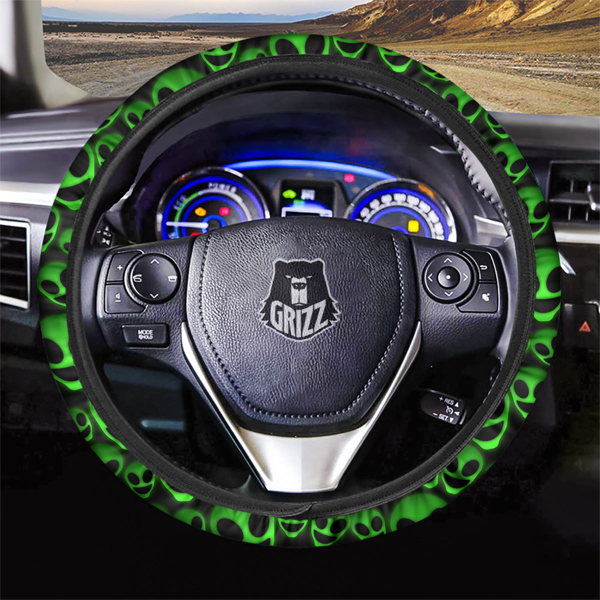 Horror Alien Green Neon Print Pattern Car Steering Wheel Cover-grizzshop