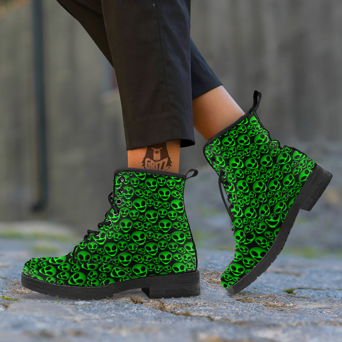 Horror Alien Green Neon Print Pattern Leather Boots-grizzshop