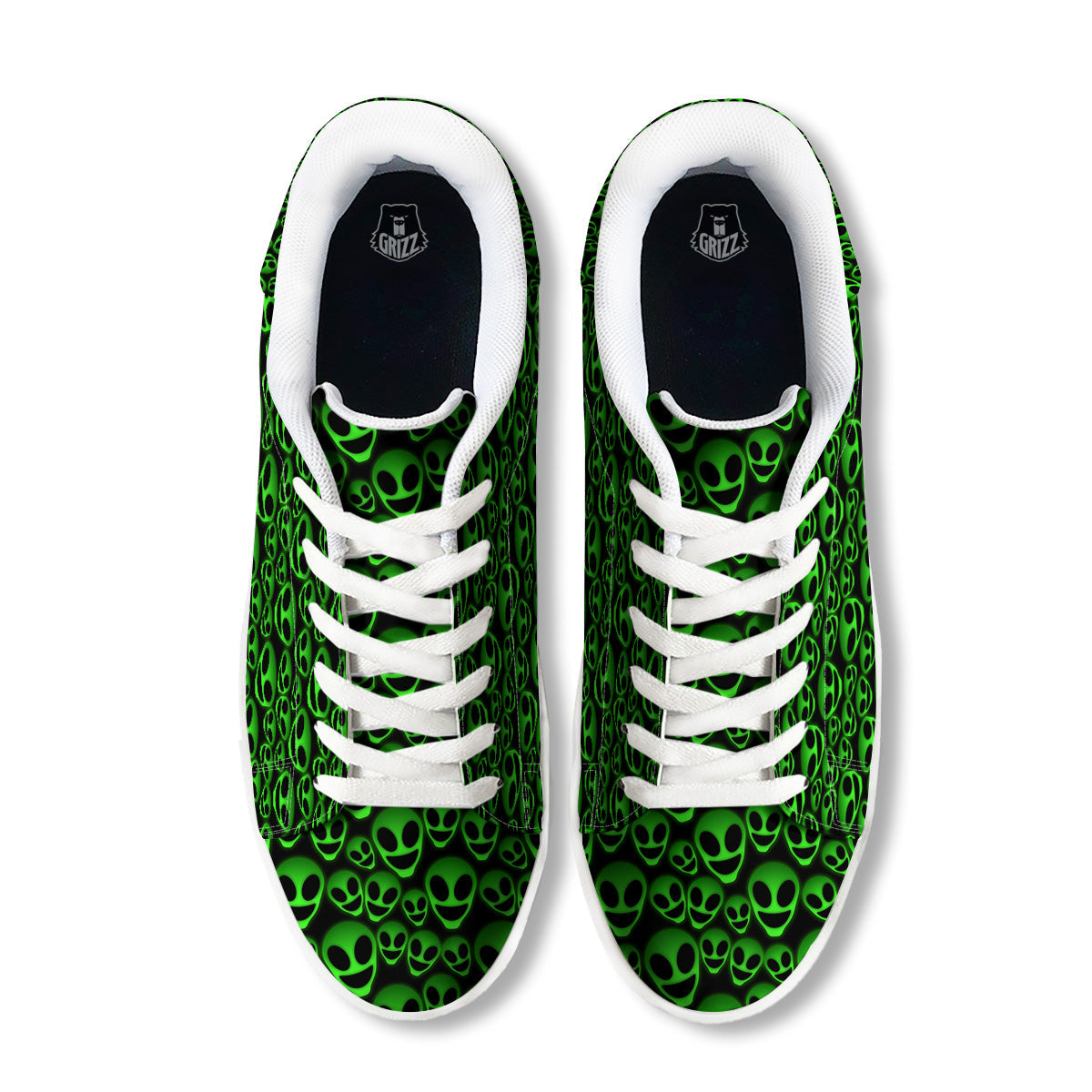 Horror Alien Green Neon Print Pattern White Low Top Sneakers-grizzshop