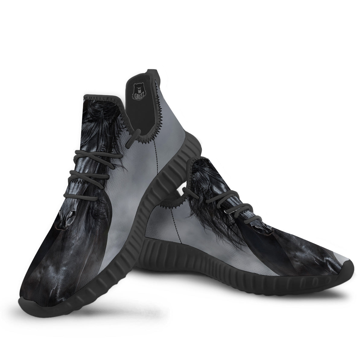 Horse Black Stallion Print Black Walking Shoes-grizzshop
