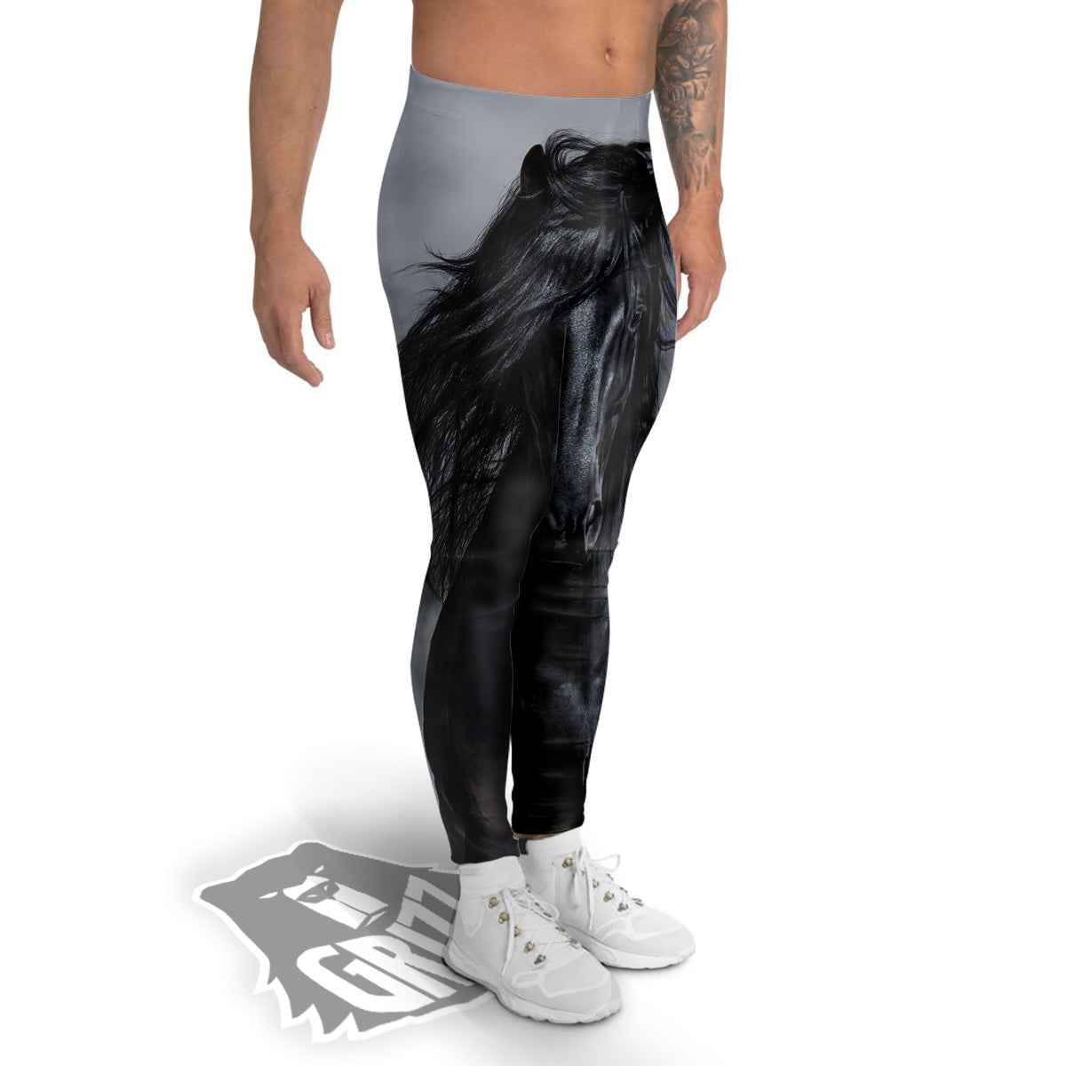 Horse Black Stallion Print Men's Leggings-grizzshop