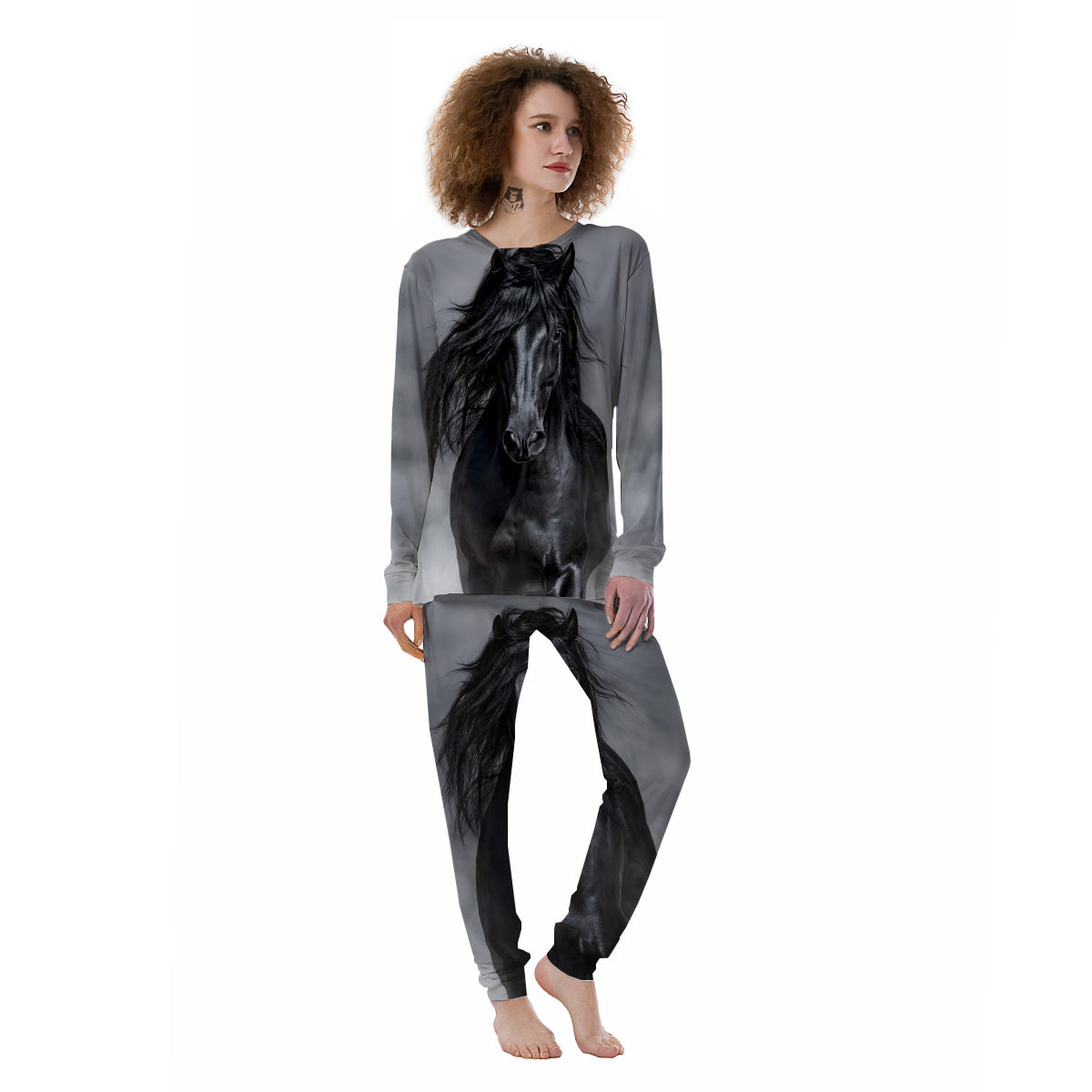 Horse Black Stallion Print Women's Pajamas-grizzshop