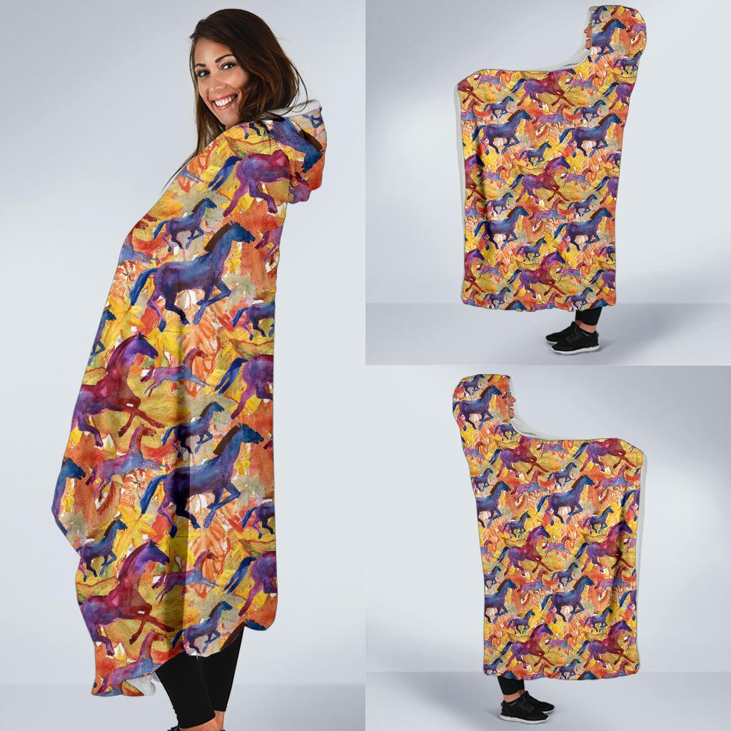 Horse Hand Drawn Pattern Print Hooded Blanket-grizzshop