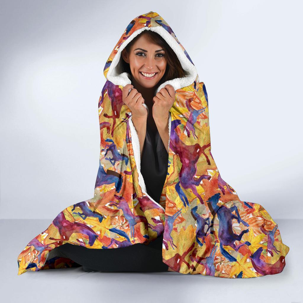 Horse Hand Drawn Pattern Print Hooded Blanket-grizzshop