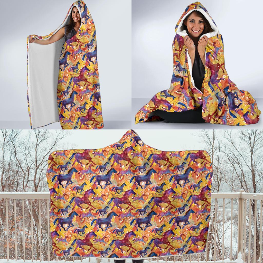 Horse Hand Drawn Pattern Print Hooded Blanket-grizzshop