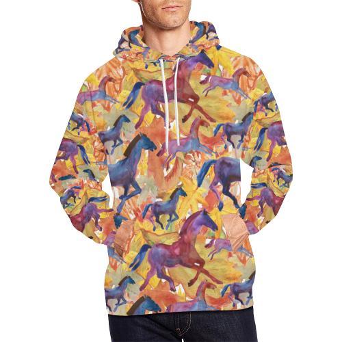 Horse Hand Drawn Pattern Print Men Pullover Hoodie-grizzshop