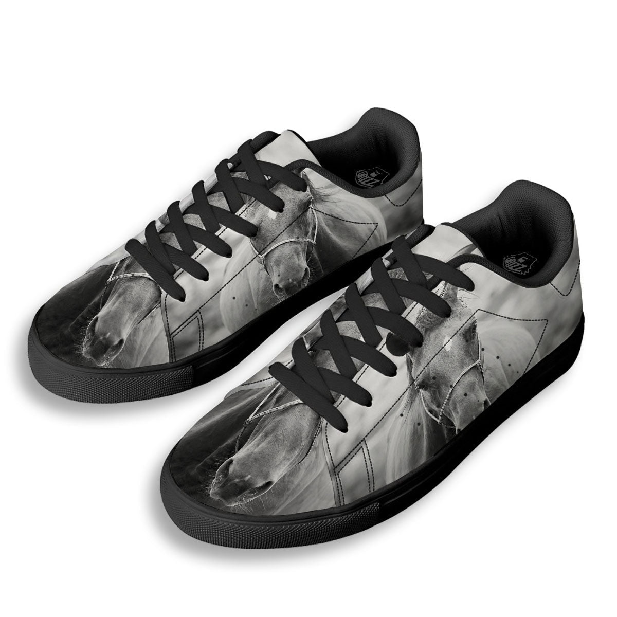 Horse Monochrome Print Black Low Top Sneakers-grizzshop