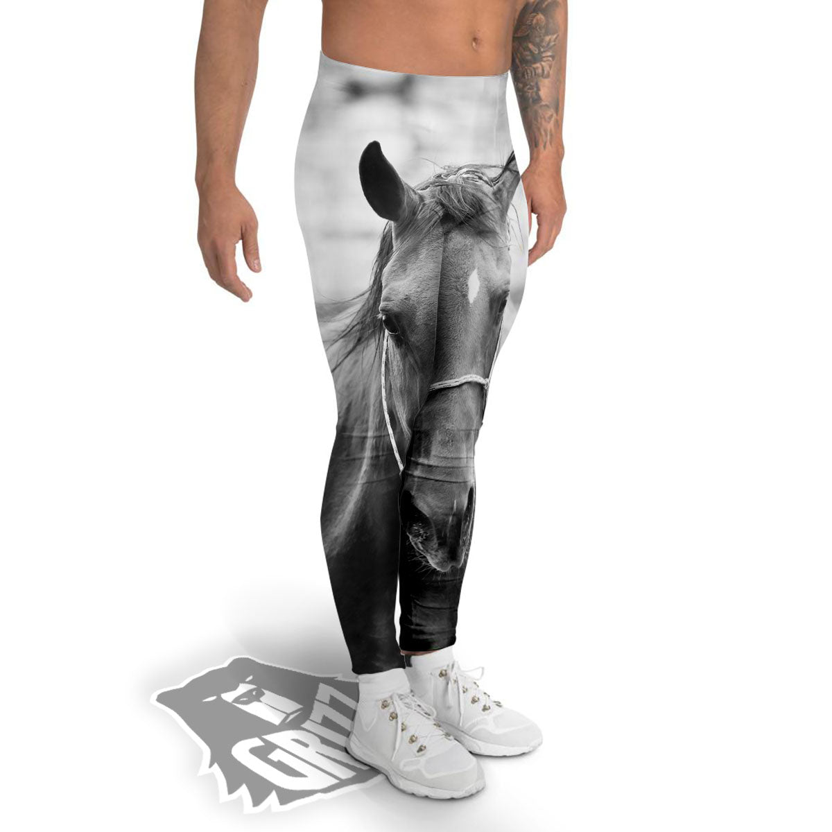 Horse Monochrome Print Men's Leggings-grizzshop