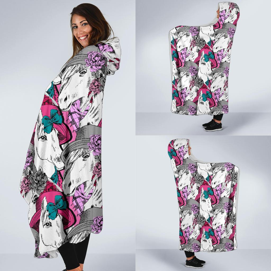 Horse Pattern Print Hooded Blanket-grizzshop