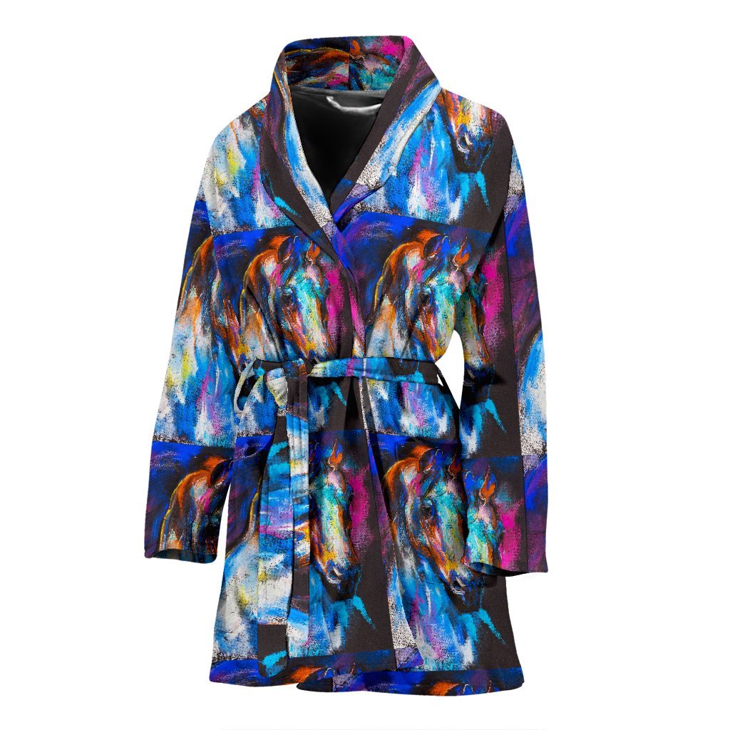 Horse Portrait Pattern Print Women Long Robe-grizzshop