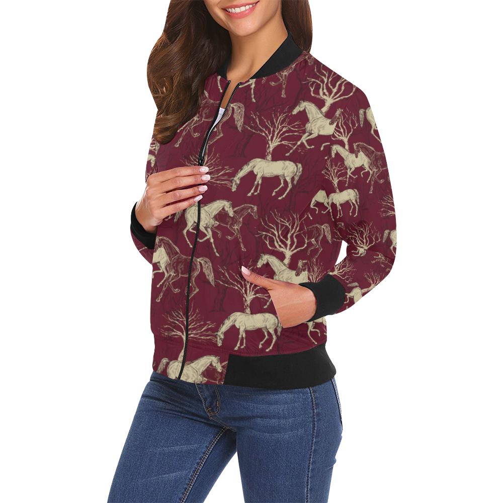 Horse Print Pattern Women Casual Bomber Jacket-grizzshop