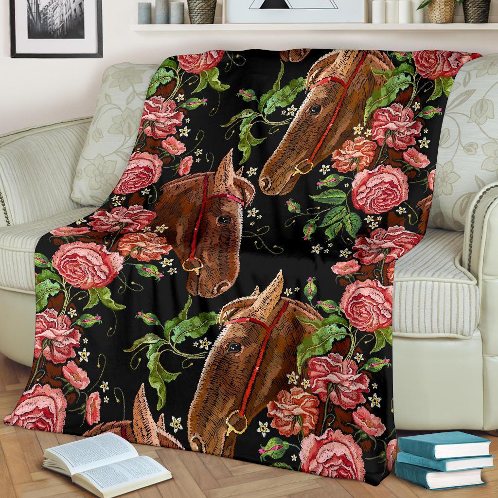 Horse Rose Pattern Print Blanket-grizzshop