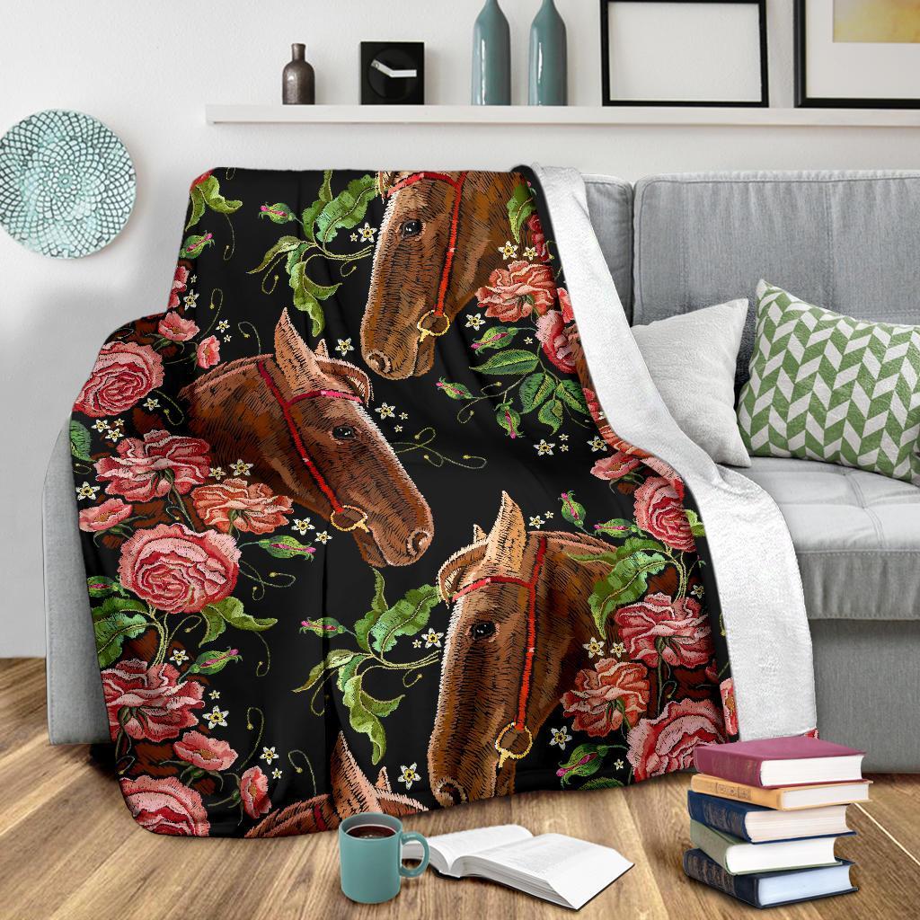 Horse Rose Pattern Print Blanket-grizzshop