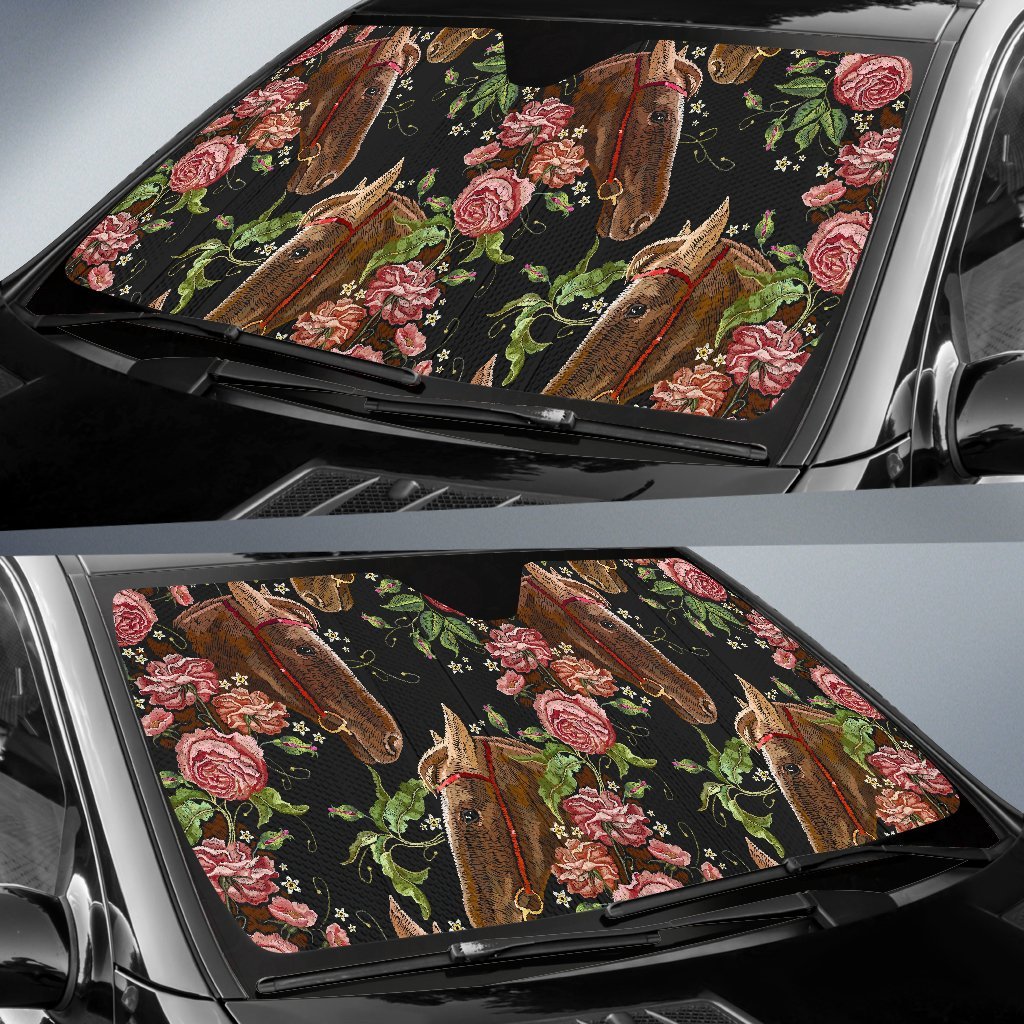 Horse Rose Pattern Print Car Sun Shade-grizzshop