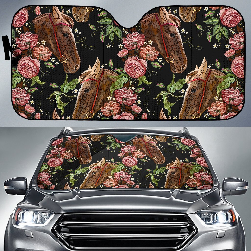 Horse Rose Pattern Print Car Sun Shade-grizzshop