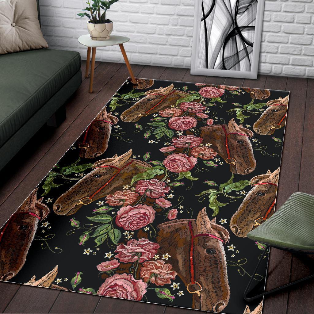 Horse Rose Pattern Print Floor Mat-grizzshop