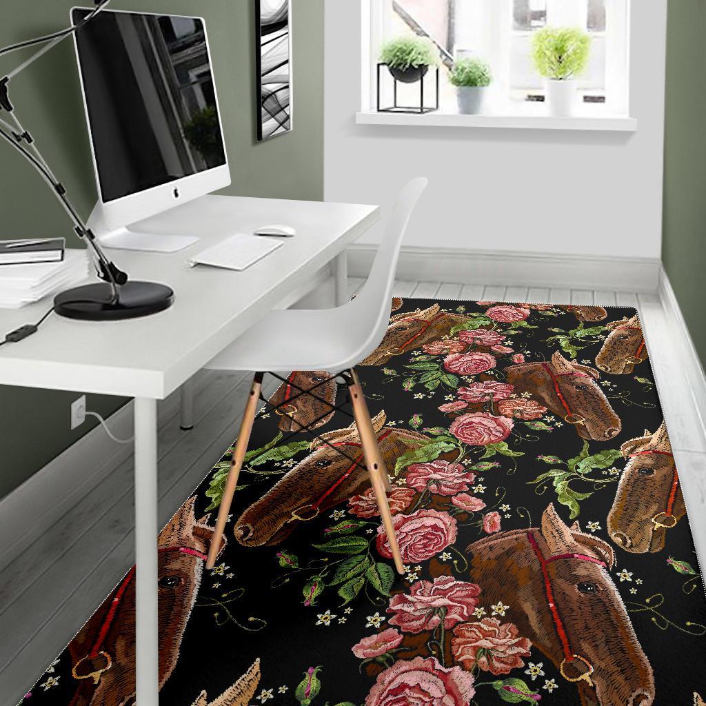 Horse Rose Pattern Print Floor Mat-grizzshop