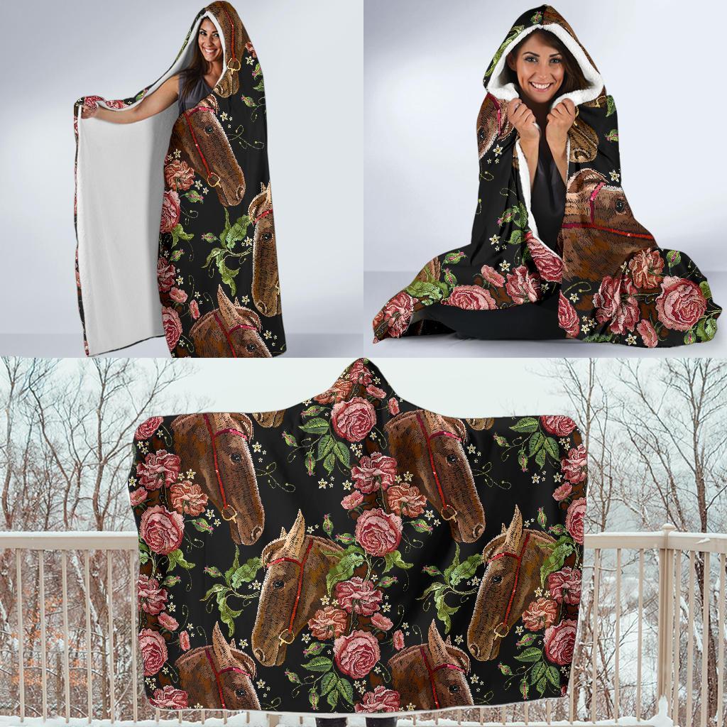 Horse Rose Pattern Print Hooded Blanket-grizzshop