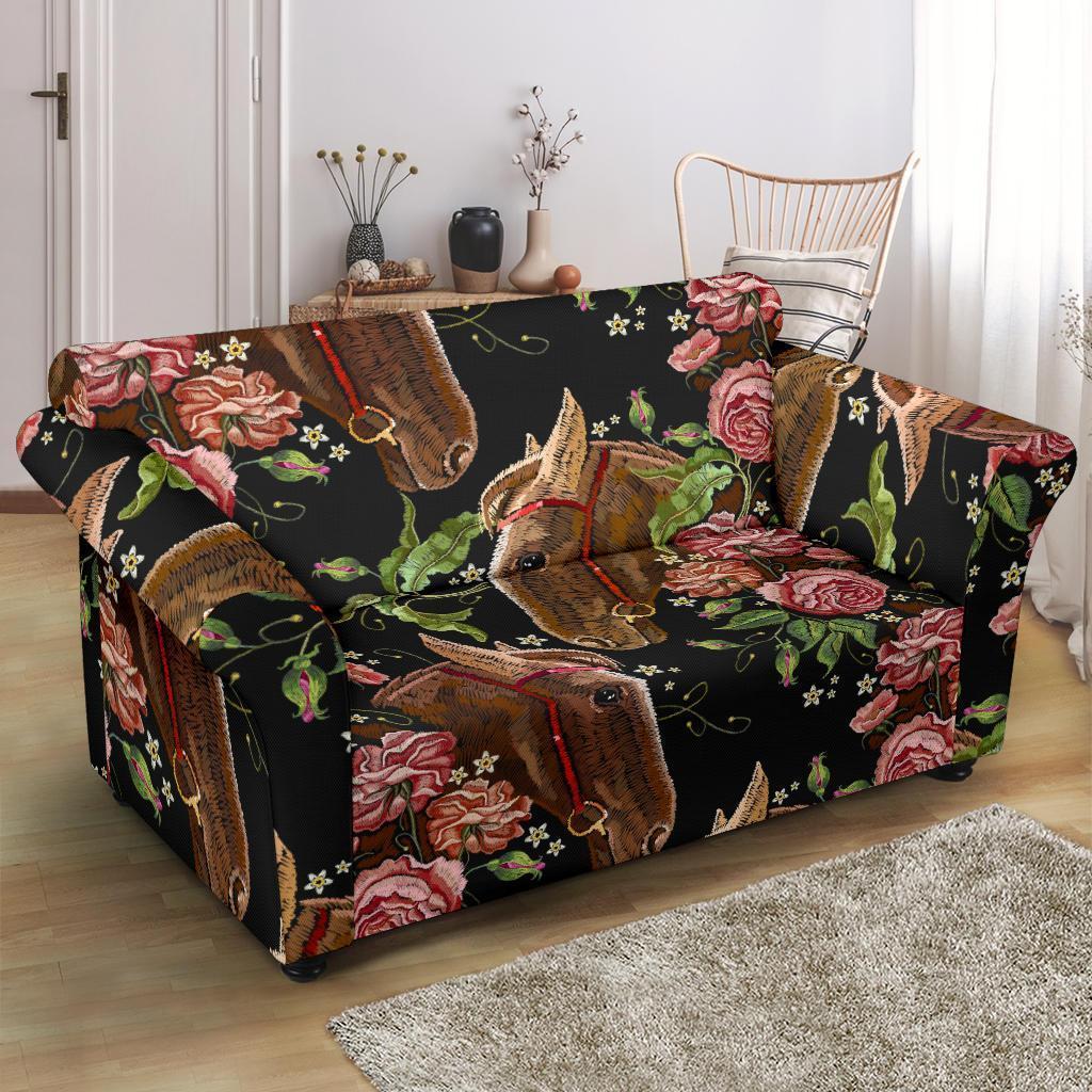 Horse Rose Pattern Print Loveseat Cover-grizzshop