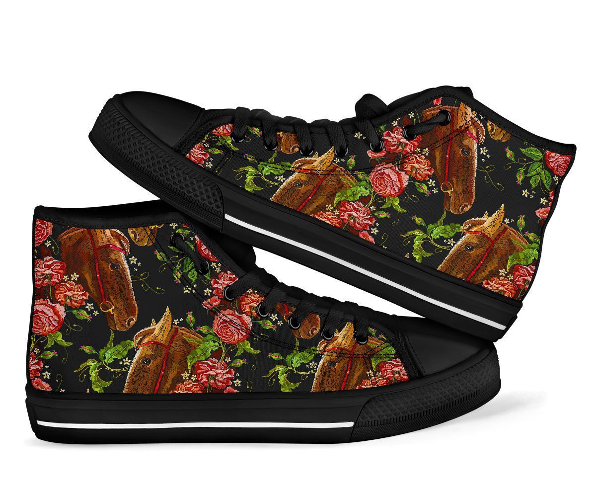 Horse Rose Pattern Print Men Women's High Top Shoes-grizzshop