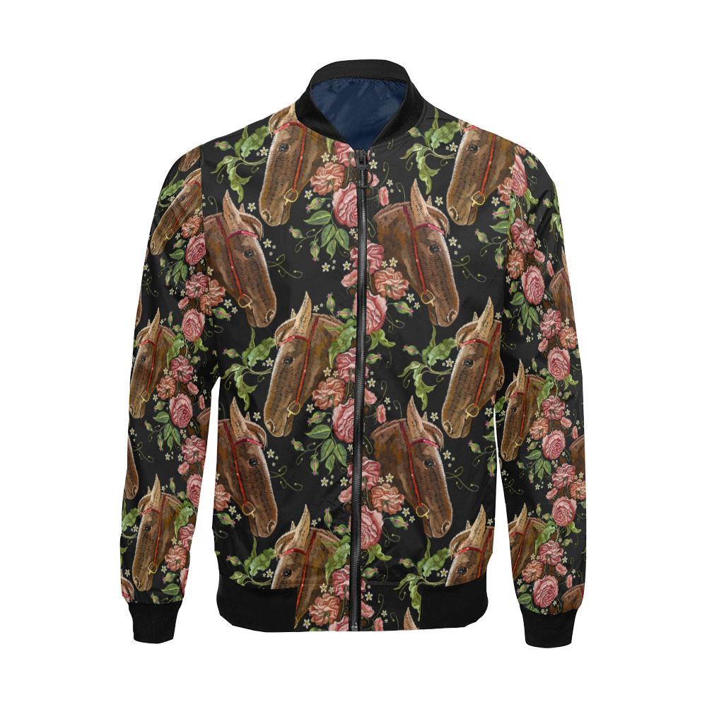 Horse Rose Pattern Print Men's Bomber Jacket-grizzshop