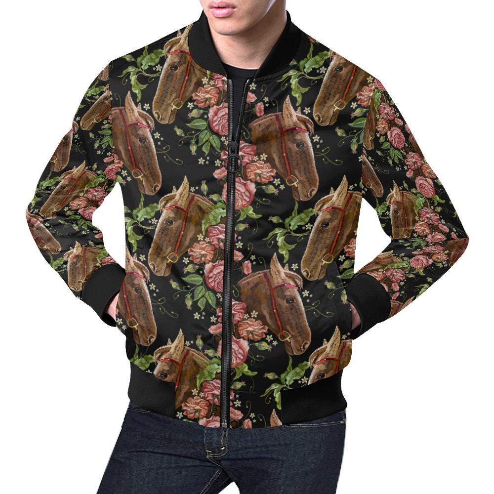 Horse Rose Pattern Print Men's Bomber Jacket-grizzshop