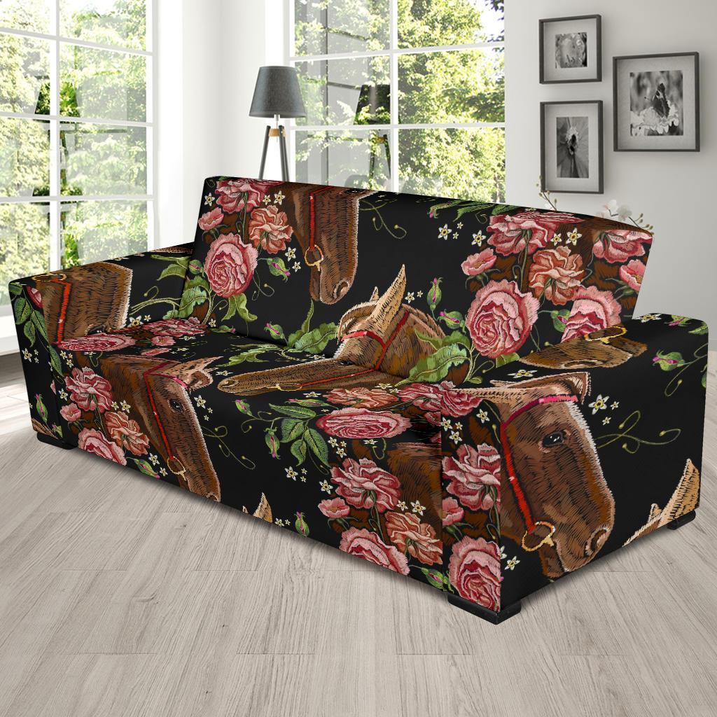 Horse Rose Pattern Print Sofa Covers-grizzshop