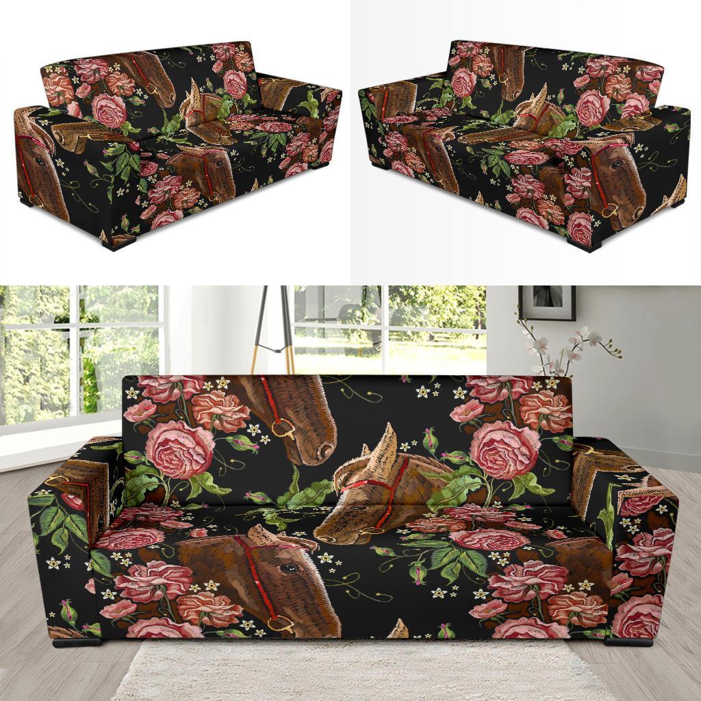 Horse Rose Pattern Print Sofa Covers-grizzshop