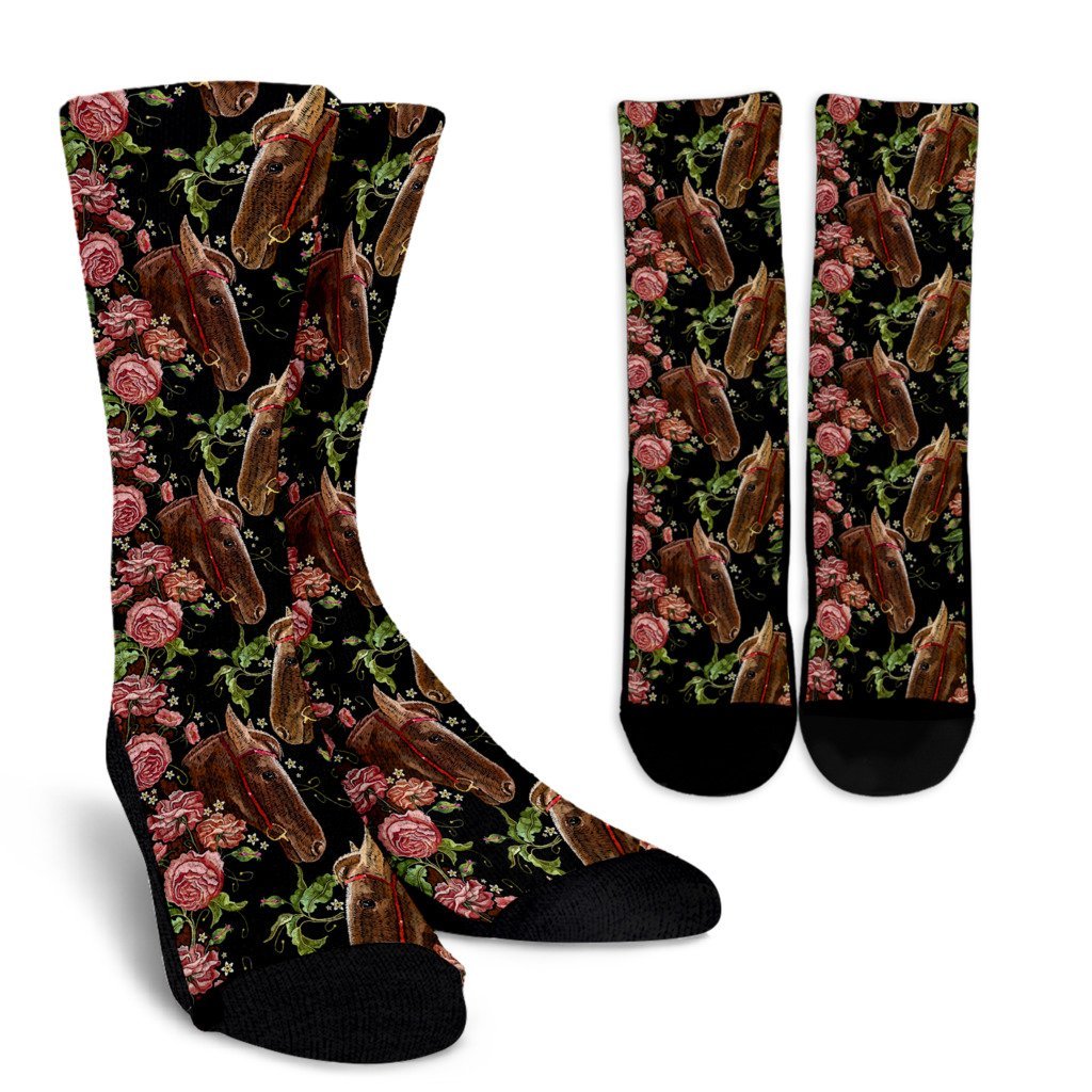 Horse Rose Pattern Print Unisex Crew Socks-grizzshop