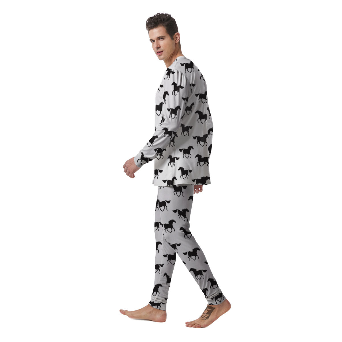 Horse White And Black Print Pattern Men's Pajamas-grizzshop